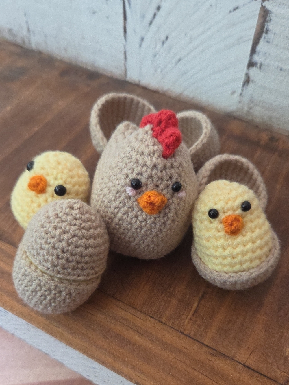 Amigurumi Hen & Chicks With Egg Shells Set - Yellow and Tan Crochet
